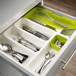 VOXMIX Expandable Cutlery Tray - Foldable Drawer Holder To Store Organize Spoons Toiletries For Home Kitchen (Green + White, Plastic, Utensils)