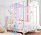 WANFASO Rainbow Princess Canopy Bed Curtain Queen, Bed Scarf Valance with Cloud Ornaments, Bed Canopy for Girls Bedding Decor (1 Panel, Full/Queen Size)