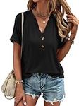 isermeo Summer Womens Button Down Shirts V Neck Short Sleeve Blouses Loose Shirt Casual Work Tops Black L