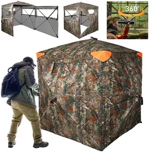 FUNHORUN Hunting Blind 360 Degree See Through Double Door Ground Blind for Hunting, 2/3 Person Pop Up Portable 58" Camouflage Deer/Turkey Tent with Blaze Orange Safety Panels