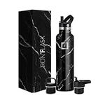 IRON °FLASK Narrow Mouth Sports Water Bottle, 3 Lids (Straw Lid), Stainless Steel Vacuum Insulated Hot Cold [Black Marquina] [24OZ]