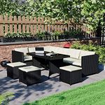 DEVOKO Outdoor Patio Furniture 6 Piece Dining Sectional Sofa with Table and Chair, All Weather Wicker Conversation Set Ottoman for Backyard, Lawn, Garden (Black and Off-White)