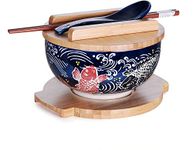 Happy Sales HSKM-KOIRB5, Japanese Kamameshi Vintage Style Rice Noodle Ramen Bowl with Bamboo Lid Trivet Chopsticks and Porcelain Spoon Bowl Set, Koi