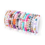 KINBOM 16pcs Preppy Bracelets, Colorful Rainbow Y2K Girls' Charm Bracelets Aesthetic Handmade Boho Disc Heishi Beaded Stretch Bracelet Summer Beach Jewelry Stuff for Women(Love Heart Series)