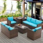 OMCCO 7 Seater Balcony Sofa Set Conversation Wicker Sofa Set with Center Table and Side Table, Outdoor Patio Furniture Set with Cushions for Poolside, Garden and Terrace.(Brown and Blue)