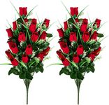 Memobloom Artificial Cemetery Flowers Grave Bouquets 2 Pcs Grave Memorial Flowers Red Fake Roses for Cemetery Gravesite Floral Arrangements Outdoor Grave Decorations Silk Funeral Fower for Grave Vase