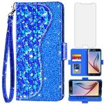 Asuwish Phone Case for Samsung Galaxy S6 Wallet Cover with Screen Protector and Flip Credit Card Holder Bling Glitter Stand Cell Glaxay S 6 Gaxaly 6s Galaxies GS6 SM-G920V G920A Women Girls Blue