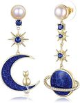 Evabelle Cat on Moon Planet Star Earrings with Pearl for Women 14K Gold Plated Enamel Statement Earrings Blue Drop Dangle Earrings Trendy Butterfly Flower Mushroom Earrings Vintage Leaf Dragonfly Bee Earrings Cubic Zirconia Handmade Hypoallergenic Earrings Jewelry for Birthday Holiday Festival for Her Mom Wife Friend