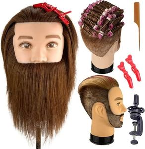 Mannequin Head Human Hair for Hair Styling Male Mannequin Head with 100% Human Hair and Beard Cosmetology Mannequin Head with Stand