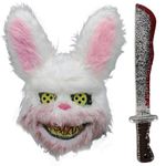 Halloween Scary Rabbit Bunny Mask Fake Machete Knife Bloody Plush Animal Head Mask, Halloween Cosplay Costume Props Party