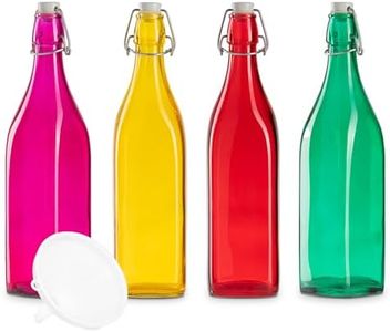 TUNDRA - Set 4 Bottiglie Vetro 1 litro COLORATE con Tappo Ermetico e 1 IMBUTO | Linea Square | Bottiglie di Vetro MADE IN ITALY, Resistenti e Lavabili in Lavastoviglie - Per Acqua, Vino, Olio, Liquori
