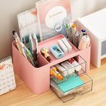 Amazon Brand - Umi Multi-functional Desk Organiser with 5 Compartments & 2 Drawer Desktop Office Supplies Stationery Storage Box Cosmetic Organizer for Pens Staplers Clips Sticky Notes - Pink