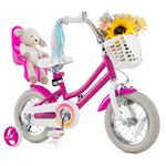 BABY JOY Girls Bike, 12 Inches Kids Bicycle w/Basket, Doll Seat, Colorful Streamers, Training Wheels, Reflectors, Handbrake & Coaster Brake, Kids Bike for Children 3-4 Years Old (Rose Red)