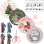 NEWSEE 4 Sets of Starter Kits for Embroidery Beginners, Cross Stitch kit, Embroidery Starter Kit Including Embroidery Hoop, Color Threads and Embroidery Scissors（Christmas-1）