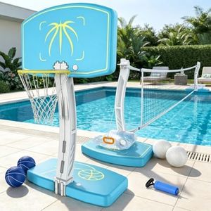 Pool Basketball Hoop and Pool Volleyball Set, Stainless Steel Frame Dual-Mode Pool Toy, Complete with 4 Balls, 2 Bases, 2 Water Bags and 1 Pump, perfect for poolside basketball hoop entertainment