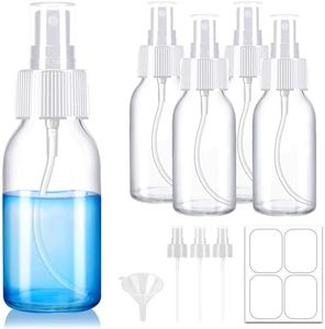 Tecohouse Set of 5, 2 oz Glass Spray Bottles, Clear Small Glass Spray Bottle with 3 Extra Mist Sprayer & 1 Funnel & 8 Labels for Essential Oils, Cleaning Solutions, Plants, Hair, Travel