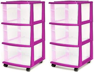 HOMZ 2-Pack Drawer Tower, 3-Tier Clear Plastic Storage Organizer Cart, Purple Frame - Organizing Containers with Wheels for Home, Bathroom, Bedroom, Office, and Classroom