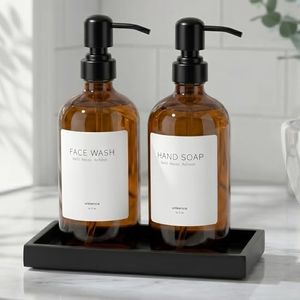 unisence Glass Soap Dispenser Set for Kitchen, Hand and Dish Soap Dispenser with Stainless Steel Pump & Resin Tray, Perfect for Kitchen,Hotel Rental-Modern Kitchen Decor,Amber