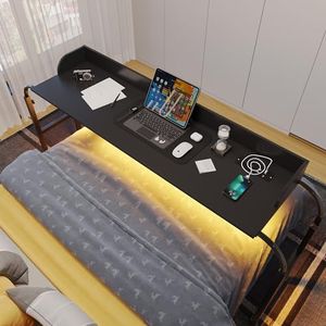 HWB Over Bed Desk with Auto-Sensor LED Lights,Over Bed Table with Wheels Adjustable Height with Charging Station,Beside Table,Rolling Tray Table for Laptop and Writing for Living Room,Black