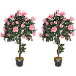 Christow 2 Artificial Rose Trees Pink Flowers Twisted Trunk Potted Indoor Outdoor 3ft (Pair)