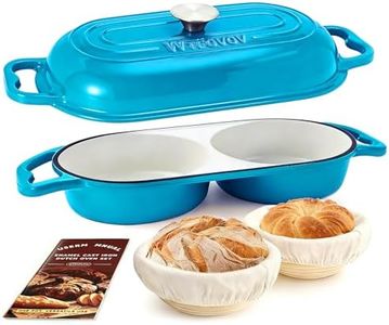 WTFOVOV DIY Double Dutch Oven for Sourdough Bread Baking – Enamel Cast Iron Bread Baker with Lid, Bake Two Different Loaves at Once, 500°F Oven Safe, Includes 2×5" Banneton Proofing Baskets