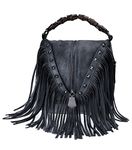 ZLYC Women's Leather Bamboo Hand Strap Featured Fringe Bohemian Tassel Studed Cross Body Bag, Gray, One Size