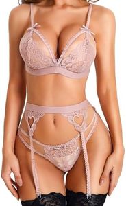 RSLOVE Women Lingerie Set with Garter Belt, Deep Pink, S