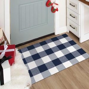 LEEVAN Cotton Buffalo Plaid Outdoor Rug 2x3 ft Checkered Front Porch Rug Washable Woven Welcome Braided Door Mat for Layered Kitchen Farmhouse Bathroom Entryway Throw Carpet, Navy Blue and White