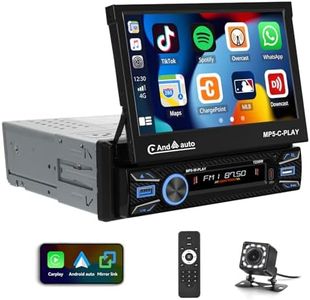 1 DIN Wireless Carplay Android Car Radio with 7 Inch Motorised Flip Out Touch Screen Car Radio Bluetooth Connection Mirror FM USB AUX SD Reversing Camera Steering Wheel Remote Control