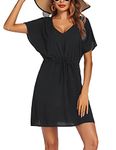 Ekouaer Womens Swimsuit Coverup Short Sleeve Beach Cover Up Dress V Neck Bikini Beachwear, Black, Large