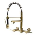 EKRTE Commercial Wall Mount Kitchen Faucet, 8 Inch Center Kitchen Faucet with Brass Pull Down Sprayer, Brushed Gold Solid Brass Two Handle Kitchen Sink Faucet with Pot Filler