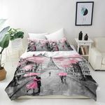 ANHOPE Paris Duvet Cover Set Soft Lightweight 3 Piece Bedding Set with 2 Pillowcases Oil Painting Eiffel Tower Pink Tree Print Pattern All Season Quilt Cover with Zipper Closure Double