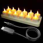 SoulBay Rechargeable LED Candles, 12pcs Flameless Rechargeable USB Tea Lights Candles Battery Operated with Charging Station and USB Cable for Home Room Party Halloween Christmas Decor(No Remote)