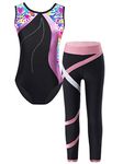 TiaoBug 2 Piece Gymnastics Outfits for Girls Athletic Leotards Unitard Ballet Dance Jumpsuit and Leggings Sets Heart Print 7-8 Years