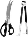 Kitchen Shears, Korean Barbecue Scissors and Tongs Set, Kitchen Scissors and Tongs for Cutting Meat, Chicken & Vegetables, Stainless Steel Multipurpose Non-slip Serrated Sharp BBQ Scissors BBQ Tongs