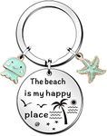WTOPP Beach Lover Gift Keyring Beach Jewelry The Beach is My Happy Place Keyring Stainless Steel Key Chain Birthday Christmas Graduation Gift for Women Girl Teens Beach Lover