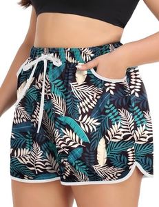 FOREYOND Womens Plus Size Board Shorts Quick Dry Beach Shorts Swim Shorts with Pockets Swimmwear, 2_green Leaves, 4X-Large Plus