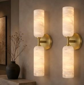 20in Alabaster Wall Sconces Set of Two, Modern Spanish Natural Marble Bathroom Vanity Sconces, Brass Alabaster Sconce Wall Lighting, Gold Wall Light Fixtures Decor for Bedroom Living Room Staircases