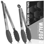 Walfos Silicone Kitchen Tongs - Heat Resistant Stainless Steel Silicone Tongs Set of 2, Non Scratch Tongs with Silicone Tips, 9" & 12" Food Tongs for Cooking, Steaks, Grilling & BBQ