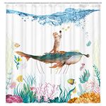 Grtuspr Funny Cat Shower Curtain for Kids, Cute Cats Rides Bule Whale Diving Shower Curtain for Girls Adorable Baby Bathroom Decor, Farmhouse Tropical Fish Coral Turtle Underwater Shower Curtain Sets