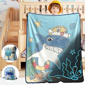 Ikowo Glow in The Dark Shark Blanket, Cool Shark Toys Birthday Gifts for Kids Toddler Boys Shark Lovers Blue Luminous Throw Blanket for 1 2 3 4 5 6 7 8 9 10 Year Old Boy Gift Ideas