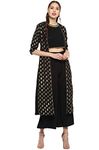 Janasya Women's Black Poly Crepe Gold Print Top with Palazzo and Jacket(SET110-KR-PP-S)