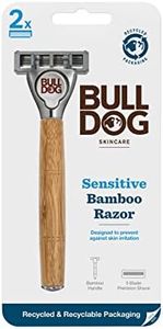 BULLDOG Skincare for Men - Sensitive Bamboo Razor | Reduce Irritation | Recycled Packaging | Lubricating Lube Strip with Baobab | 1 Bamboo Handle and 2 Replacment Blades