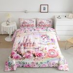 Kids Unicorn Twin Bedding Sets for Girls,Cute Pink Castle Blanket Bed Comforter,Dreamy Rainbow Girls Bedroom Decor,Spring Rose Flowers Duvet Insert,Gifts for 4 Year Old Girl