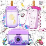 3 Pieces Cute Water Bottles with Straws Creative Kawaii Camera Shaped Ice Cream Bar Watermelon Adjustable Strap Plastic Water Bottle for School Sport Kids Travel (Purple)