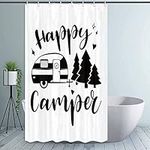 Happy Camper RV Shower Curtain for Trailer Bathroom, Small Short Camping Tent Trees Travel Trailer Decor Fabric Bath Curtains, Narrow Waterproof Polyester Bathroom Sets for Stall Shower Room, 47x64