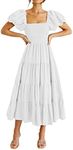 PRETTYGARDEN Women's Casual Summer Midi A Line Dress Puffy Short Sleeve Square Neck Smocked Dresses (White,Large)