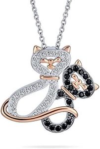 Kitty Cat Pendant Necklace: Cubic Zirconia CZ Black & White Kitten Cats Jewelry for Women Teens in Two-Tone Rose Gold and Silver Plated Best Friends and Cat Lovers