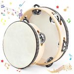 OKUYAN 2Pack Handheld Wooden Tambourine 8 Inch and 6 Inch Tambourine Small Tambourines with Jingle Bells Single Row Tambourine Drum Kit Tambourines for Adults Children Dance Party Church Beech Singing