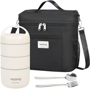 Voova Stackable Stainless Steel Thermal Lunch Box with Lunch Bag and Cultery Set for Adult Women Men, 3 Tier Leakproof All-in-One Insulated Bento Boxes Food Container for Work, Black